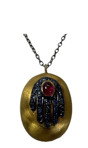 CAROL BRODIE Gold Plated STERLING Silver 925 HAMSA SAPPHIRES PENDANT NECKLACE - Picture 1 of 17