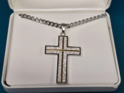 Nuevo collar colgante de cruz de acero inoxidable de dos tonos de cristal de 24" para hombre / Precio de venta sugerido por el fabricante: 175,00 USD Foto 1 de 4