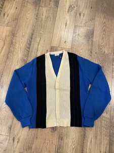 Vintage 1950s Damon Wool Cardigan Sweater Blue White Black Size L Mobster Style - Picture 1 of 9