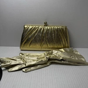 Vintage Gold Clutch Handtasche & Vintage Gold Satin Handschuhe - Bild 1 von 10