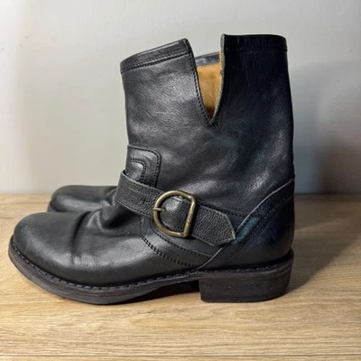 Botas Fiorentini + Baker Mujer Cuero Negro Moto Hebilla Cremallera Lateral 6.5 EE. UU. Foto 1 de 4