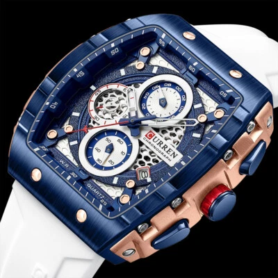 Luxury Rubber Band Water Resistant Stainless Steel Date Mens Square Wrist Watch - Image 1 of 4