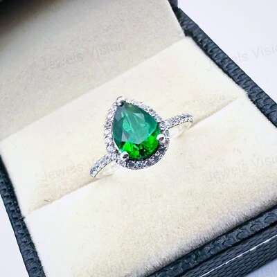 Anillo de compromiso con gota de lágrima esmeralda, anillo de piedra verde corte pera, anillo de promesa Foto 1 de 4