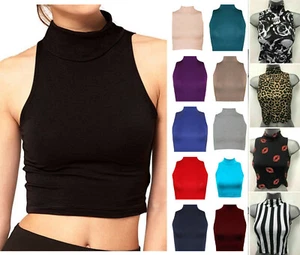 WOMEN'S LADIES SLEEVELESS POLO NECK T-SHIRT PLAIN PRINTED STRETCH CROP VEST TOP - Picture 1 of 27