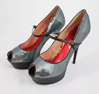 Fredericks of Hollywood Silver Sequin Pumps Peep Toe Stiletto Heels Womens 8.5 M - Image 1 of 4