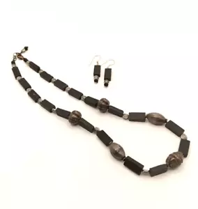 VTG Geniune Black Tourmaline Sterling Silver 925 Bench Bead Necklace & Earrings - Picture 1 of 9
