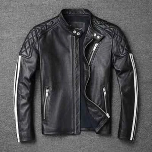 Mens Black Leather Quilted Jacket Black Stripe Biker Genuine Lambskin Cafe Racer - Picture 1 of 3