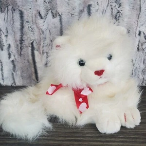 Vtg Walmart White Persian Cat Plush Furry Fluffy Red Heart Bow Laying Stuffed  - Picture 1 of 9