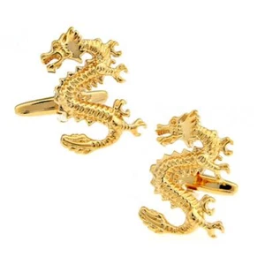 DRAGON CUFFLINKS Feng Shui Strength Gold Plate Groom Best Man Wedding w GIFT BAG - Picture 1 of 5