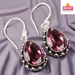Natural Rhodolite Gemstone Handmade Jewelry 925 Sterling Silver Earrings Gift BB - Picture 1 of 9
