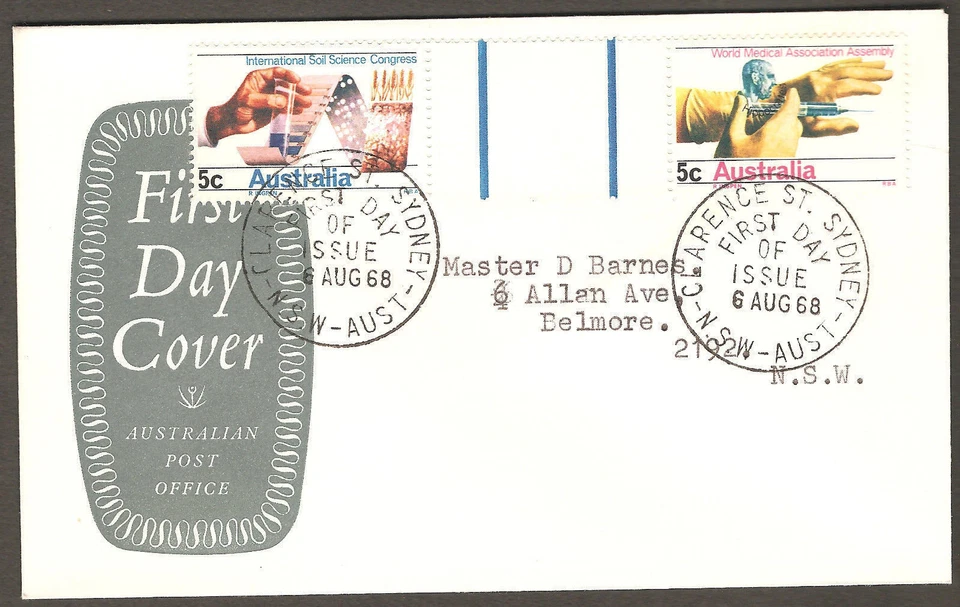 Australia 1968 5c Soil Science & Medical Conference Gutter on APO Shield FDC #01 - Image 1 of 1