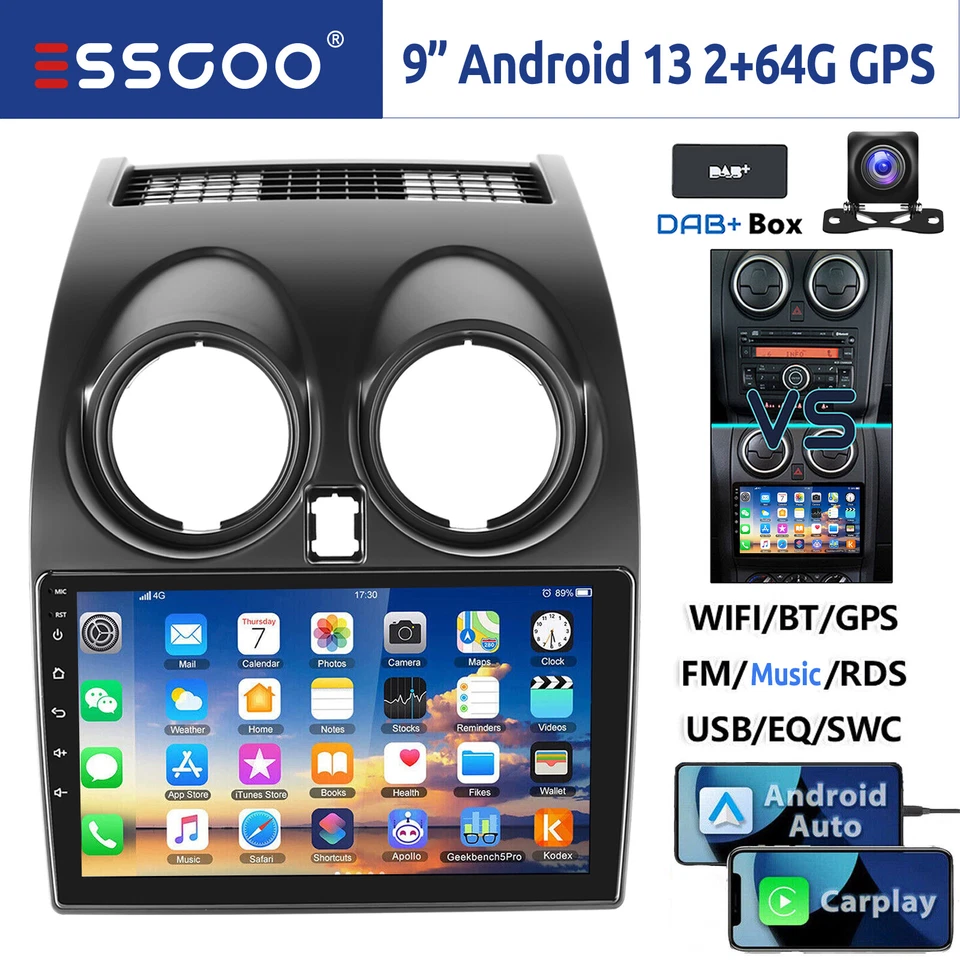 DAB+ Für Nissan Qashqai J10 2007-2015 Android 13 Carplay Autoradio GPS Navi WIFI - Bild 1 von 4