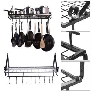 Kitchen Pots Pans Holder Rack Hanging Hooks Wall Mounted Metal Shelf Organizer - Picture 1 of 13