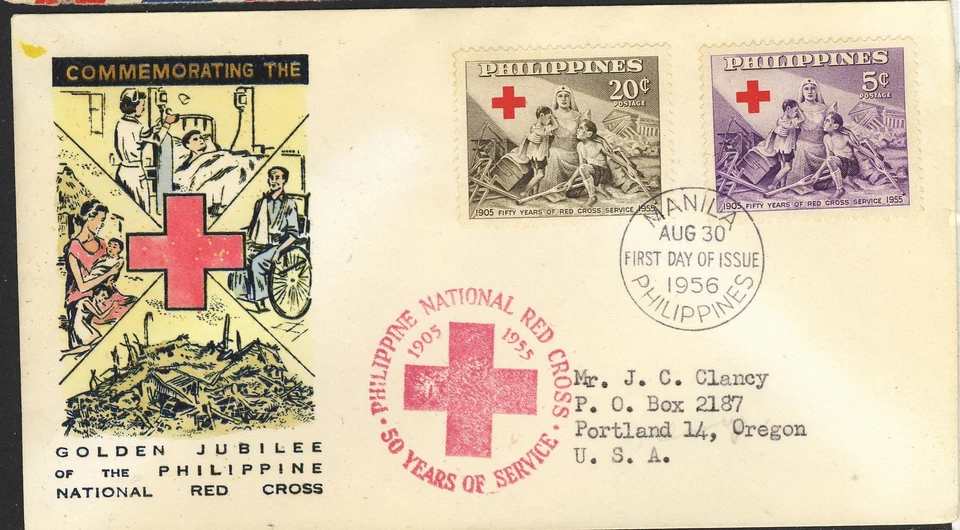Филиппины Манила 5c 20c красный крест кэшированный первый день обложка 1955 - Изображение 1 из 1