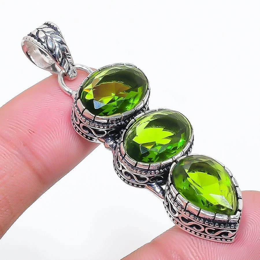 Green Peridot Gemstone Handmade 925 Sterling Silver Jewelry Pendant Size 2.25" - Image 1 of 1