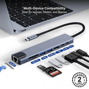 Hub Répartiteur USB 3.0 8 Ports HDMI 4K PD SD Ethernet PC Apple MacBook Pro Air - Afbeelding 1 van 6