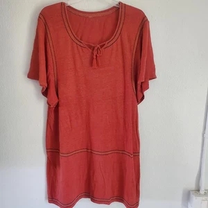 Garnet Hill Dress Women L Brick Red Organic Linen Boho Embroidered Tunic Tassel - Picture 1 of 8