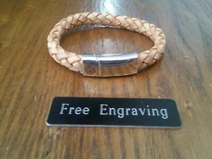 FREE ENGRAVING (PERSONALIZED) Medical Bracelet Brown Leather Stainless Steel - Picture 1 of 6