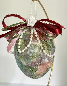 VTG 4” Hand-Crafted Decoupage Sugar Glitter Coated Floral Egg Christmas Ornament - Picture 1 of 14
