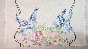 Embroidered-Square Table Scarf Topper -  Blue Birds & Fruit -Vintage- 13"  x 14" - Picture 1 of 6