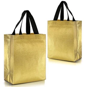 Set of 12 Reusable Medium Size Gold Gift Bags With Handles Party Favor Bags - Picture 1 of 6