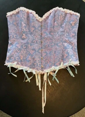 Women's Sexy Lace Up Bustier Waist Cincher Beautiful Pink & Blue w/ Ruffle Trim - Image 1 of 4