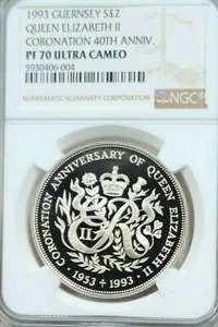 1993 GUERNSEY SILVER 2 POUNDS CORONATION 40TH ANNIV NGC PF 70 ULTRA CAMEO - Picture 1 of 3