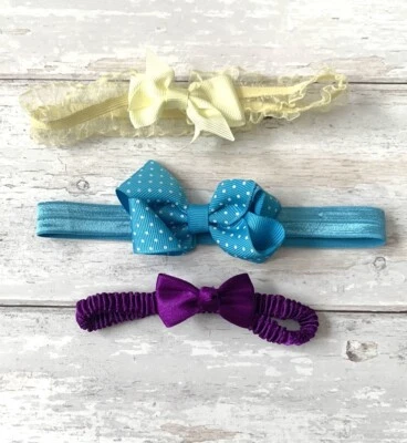 Baby Girl Bows Headbands Bundle Set of 3 Lace Yellow Blue Polka Dots Purple  - Image 1 of 2