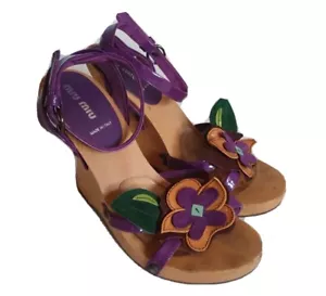 Miu Miu Sandals Shoes Wedges UK 5.5 EU 38.5 Flower Purple Patent Leather Italy - Picture 1 of 11