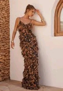 NEW QUIZ Leopard Animal Print Ruffle Frill Evening Maxi Dress Size 14 - Picture 1 of 14