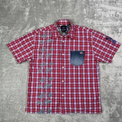 Camisa de Colección Bugle Boy Para Hombres Grande Roja a Cuadros Hibisco Luau Hawaiano Y2K Parches Foto 1 de 4