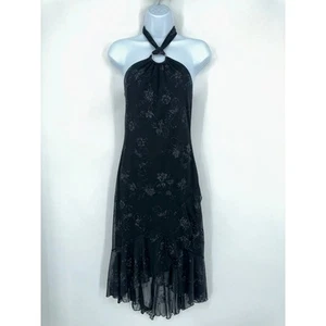 Vintage 90s Y2K Glitter Floral Prom Dress Halter Ruffle Sparkle Black, Size M - Picture 1 of 11