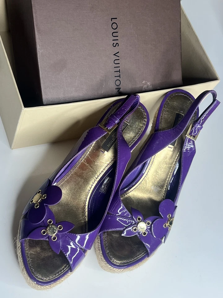 LOUIS VUITTON Patent Leather Floral Embellished Espadrille Purple Wedges SZ 7.5  - Image 1 of 4