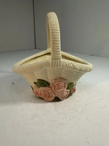 Vintage Teleflora Ceramic Basket with Pink Roses – 1980s Floral Decor - Picture 1 of 4