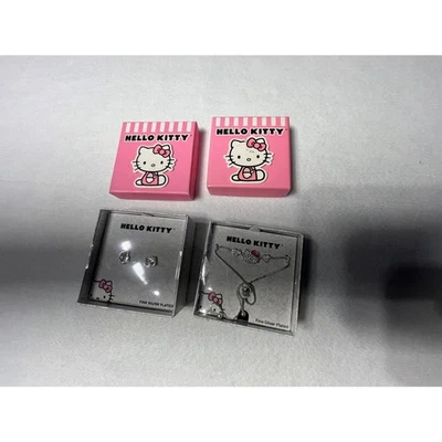 Hello Kitty Fine Silver Plated Necklace Bracelet Earrings Jewelry Set Gift Box - Image 1 of 4