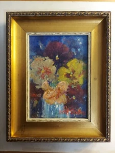 Arte moderno siglo XX pintura al óleo impasto lienzo estirado pensamiento marco dorado - Imagen 1 de 12