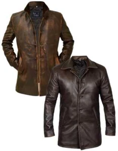 Men's New Western Distressed Sheepskin Sheriff Long Real Leather Jacket overcoat - Picture 1 of 13