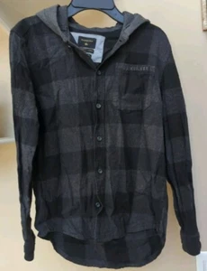 Quicksilver Kids Boys Flannel Plaid Button Up Warm Hoodie Black & Gray Sz M - Picture 1 of 6