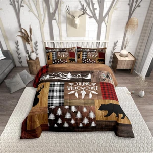 Retro Cabin Comforter Set Rustic Adventure Bear Deer Bedding Set Hunting Wildlif - Picture 1 of 6