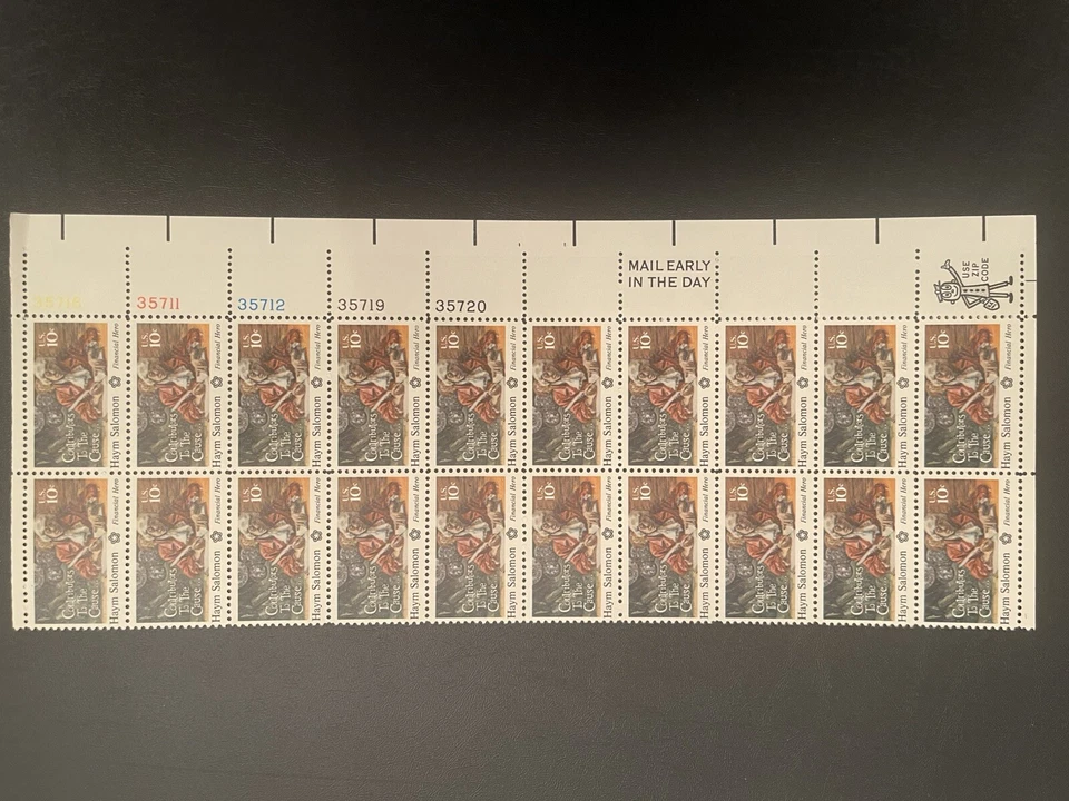 US Stamp Scott #1561 Pane Of 20 Haym Salomon 10c PB, Zip Blk, Mail Early Block - Image 1 of 1