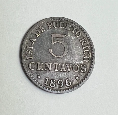 1896 PG-V Puerto Rico 5 Centavos silver, Alfonso XIII, KM#20, Fine+ Cover