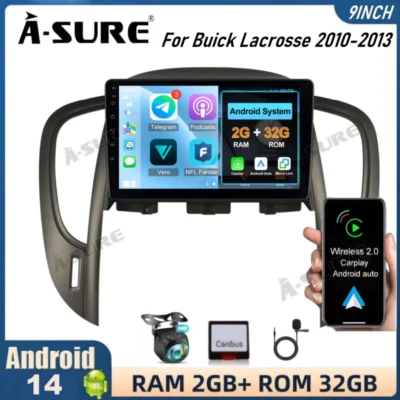 Rádio estéreo veicular GPS navegação carplay 9" 32G Android 14 para Buick Lacrosse 2010-2013 - Imagem 1 de 4