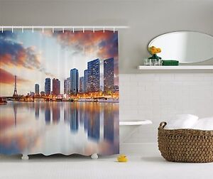 Paris Skyline Reflection with Eiffel Tower Shower Curtain Extra Long 84 Inch