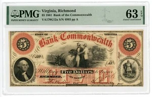 1861 $5 The Bank of the Commonwealth - Richmond, VIRGINIA Note PMG CU 63 EPQ - Picture 1 of 2