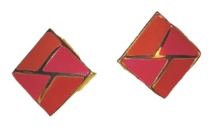 Vintage Earrings Pink Orange Goldtone Enamel Paint Pierced Artsy Retro Glam 80s - Picture 1 of 5