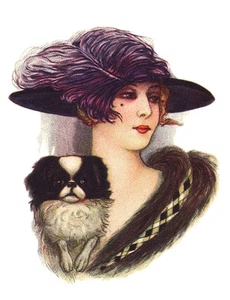 JAPANISCHES KINN CHARMANTE HUND GRUSS NOTIZKARTE GLAMOUR DAME IN GEFIEDERTEM HUT - Bild 1 von 1