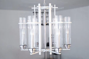 Design Wohnzimmer Esszimmer Lampe Hängeleuchte rund Metall + Glas weiss modern - Picture 1 of 4