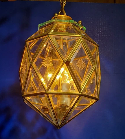 Vtg 1960's Halcolite Brass Glass Brass MCM Pendant Ceiling Light Pineapple Star Cover