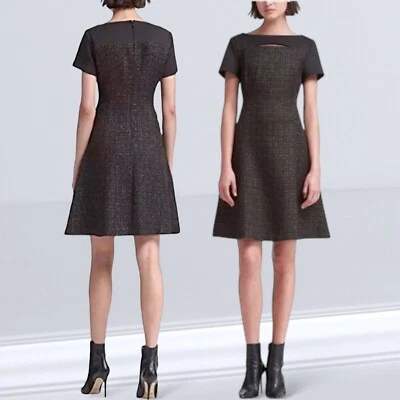 Vestido DKNY Mixto Media Tweed Metálico Línea A Patinador Negro Dorado Cóctel 4 Foto 1 de 4