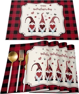 Set of 6 Dining Table Placemats Happy Valentine's Day Gnome Love Buffalo Plaid - Picture 1 of 3
